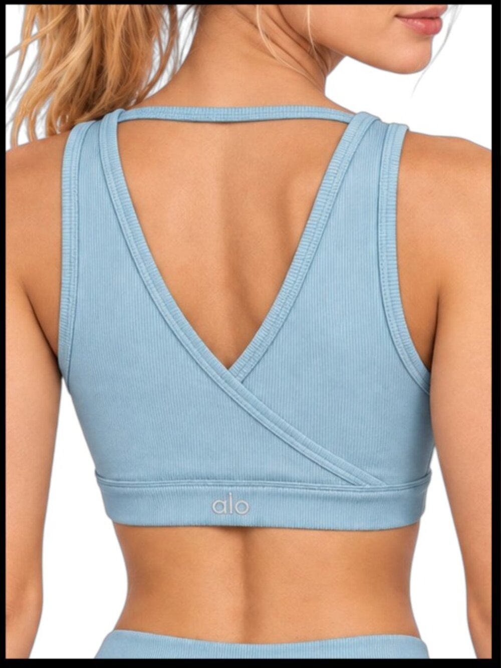 Alo Yoga Peak Bra Light Blue Ribbed Crossover Sports Bra S